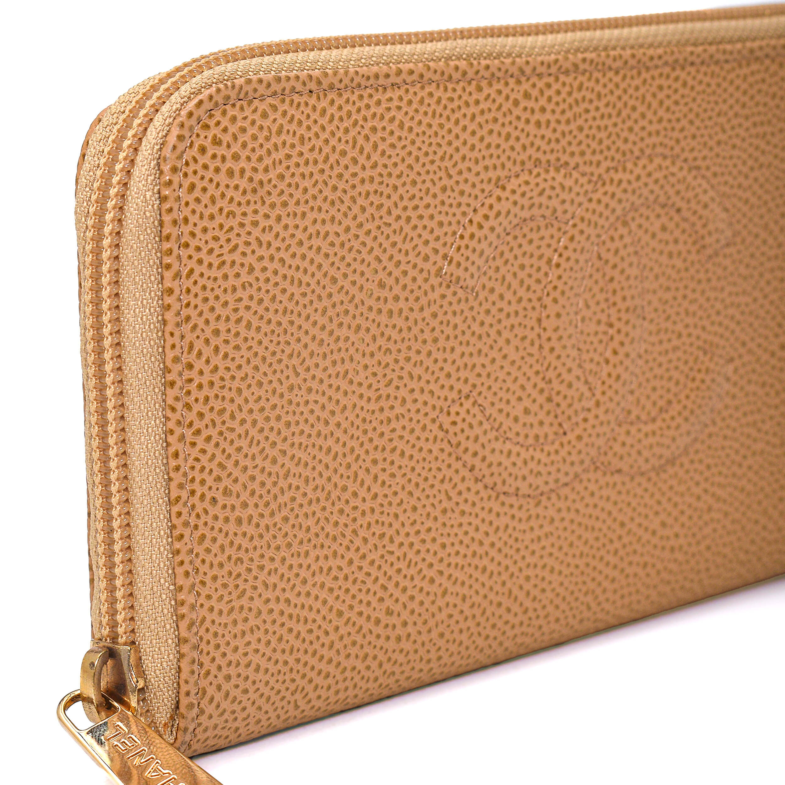 Chanel - Beige Caviar Leather CC Timeless Zip Wallet